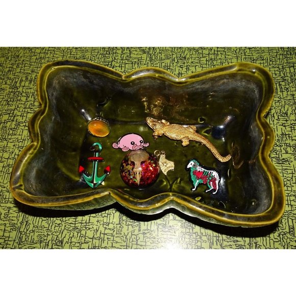 Vintage Upco Green Rectangle Planter w/ Scalloped Edges farmhouse art deco 1970s - Picture 5 of 16